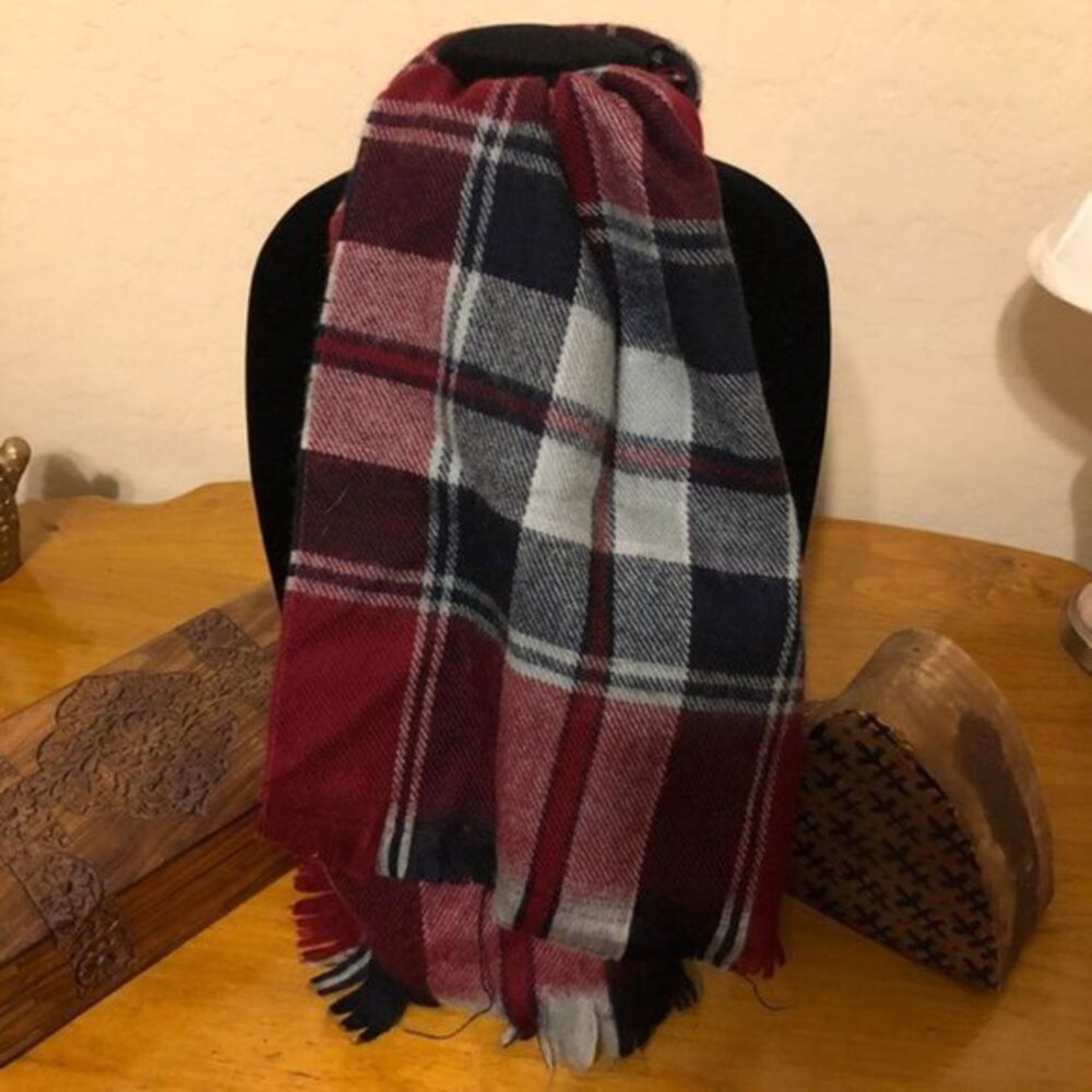 Plaid Acrylic Long Scarf with End Fringe